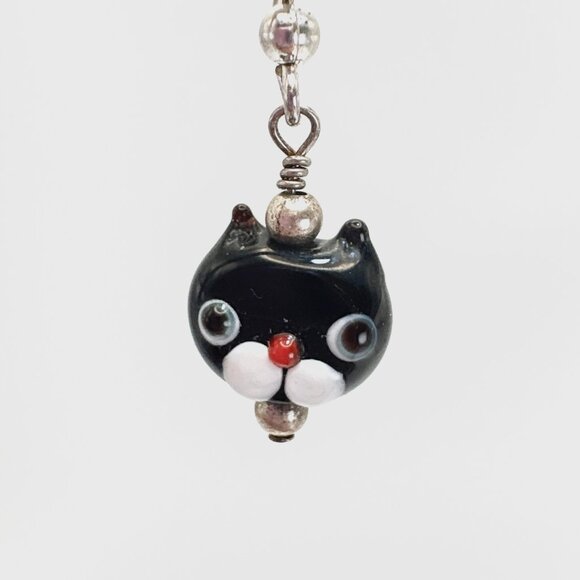 Silver Tone Black & White Enamel Kitty Cat Dangle Earrings Size 1.25" Length - Picture 5 of 9